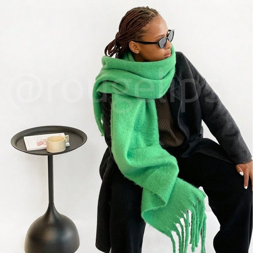 Green Wide Shawl Scarf With Tassels Fuzzy Knit